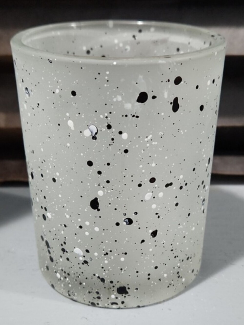 NWT Frosted Glass Black White Paint Splatter Votive Tealight Candle Holder
